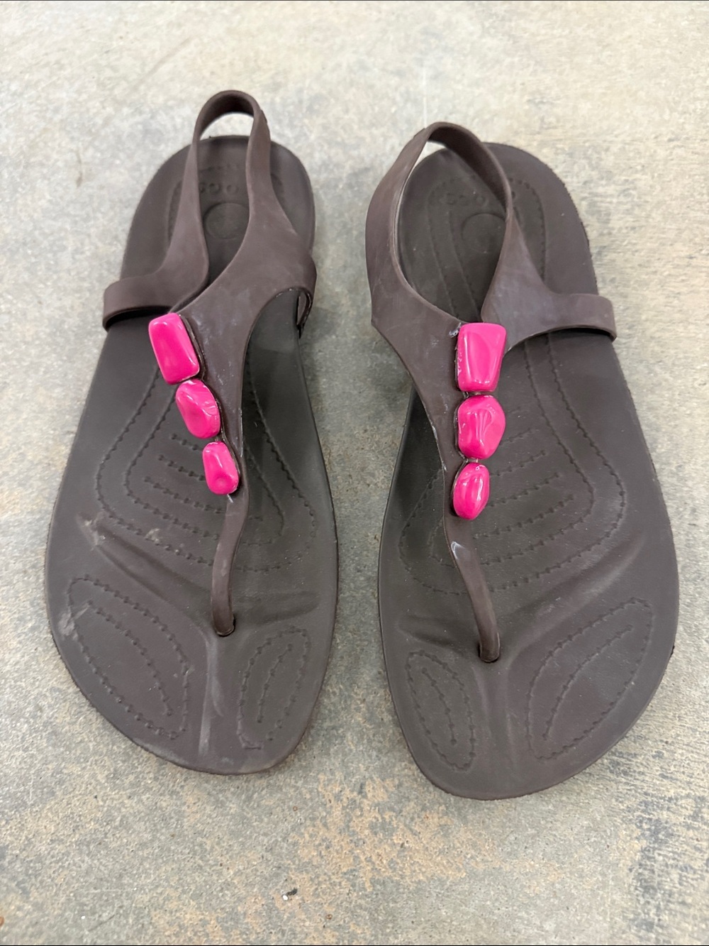 CROCS Brown Slingback Sandals with Pink Bead Accents